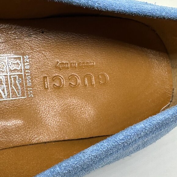 Gucci Jordaan Horsebit Bit Suede Slip On Loafers Flat Shoes Glacial Blue - Picture 14 of 15